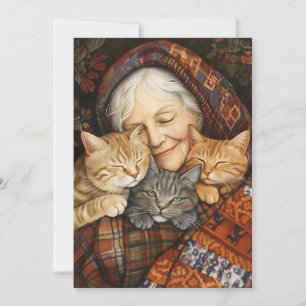 Elderly Woman Embracing Three Cats Cosy  Invitation