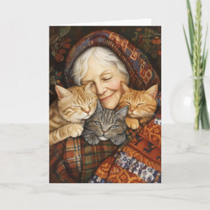 Elderly Woman Embracing Three Cats Cosy  Invitation