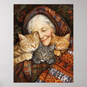 Elderly Woman Embracing Three Cats Cosy  Poster