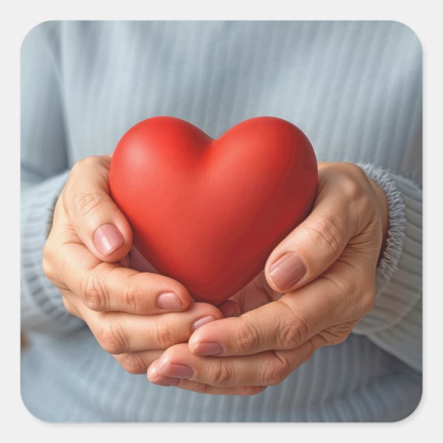 Elderly Woman Holding a Red Heart Square Sticker (Front)