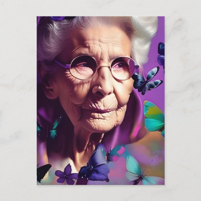 Elderly Woman in Purple With Butterflies Postcard (Front)