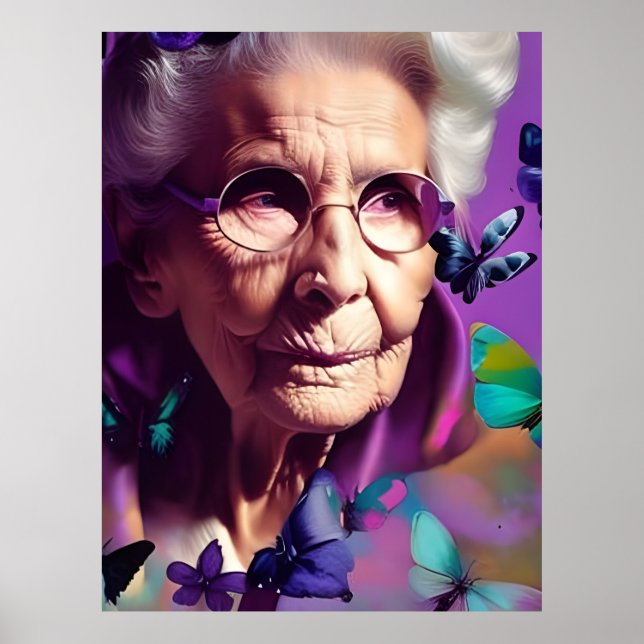 Elderly Woman in Purple With Butterflies Poster (Front)