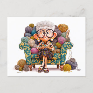 Elderly woman knitting happily surrounded by yarn holiday postcard