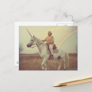 Elderly Woman Riding a Unicorn Postcard