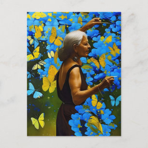 Elderly Woman With Blue and Yellow Butterflies Postcard