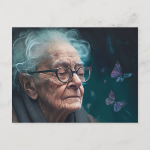 Elderly Woman With Butterflies Postcard