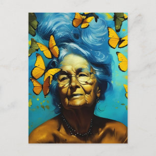 Elderly Woman With Butterflies Postcard