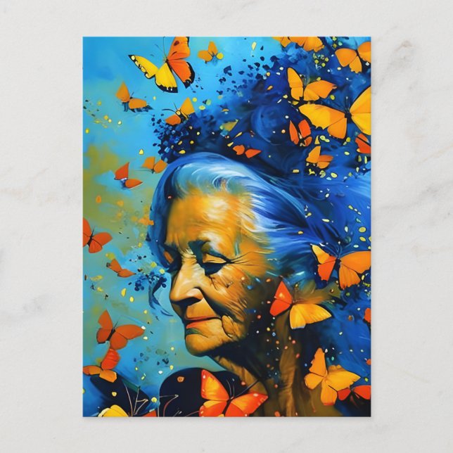 Elderly Woman With Butterflies Postcard (Front)