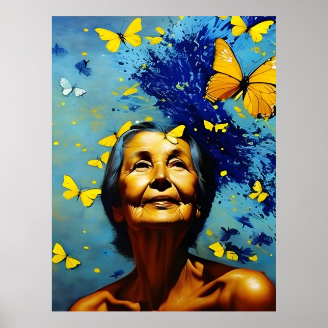 Elderly Woman With Butterflies Poster (Front)