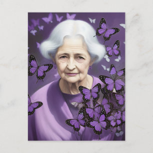 Elderly Woman With Purple Butterflies Postcard