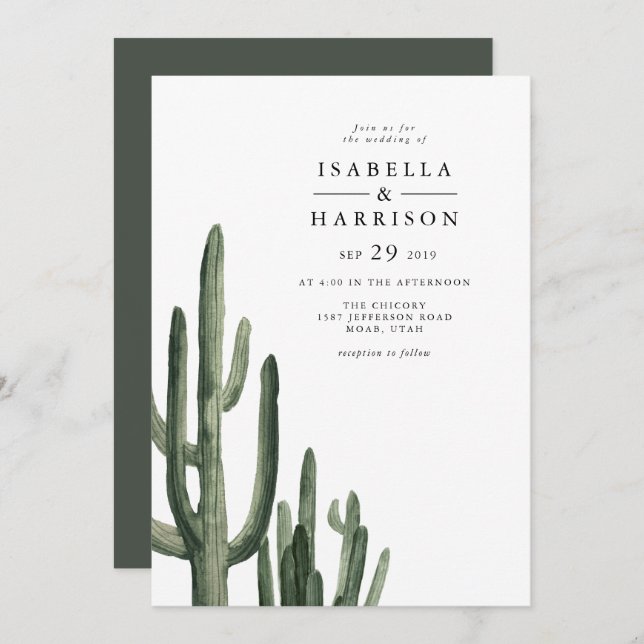 Eleanor - Minimal Saquaro Cactus Desert Wedding In Invitation (Front/Back)