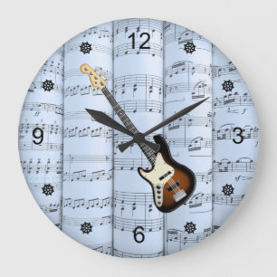 Elec Guitar ~ Rolled Sheet Music ~ Blue Tint Back~ Large Clock
