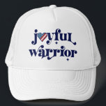 Election Joyful Warrior Navy Type USA Flag Heart Trucker Hat<br><div class="desc">“Joyful Warrior”. Stand proud and share your support for Kamala Harris with this playful, fun, graphic, patriotic trucker hat. Whimsical navy blue calligraphy typography and a rustic wood American flag heart overlay a clean white background. Embrace your warrior self, proudly celebrate being a patriot and help shape the future of...</div>