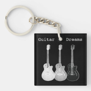 Electric Acoustic Guitar Black and White Art Music Key Ring