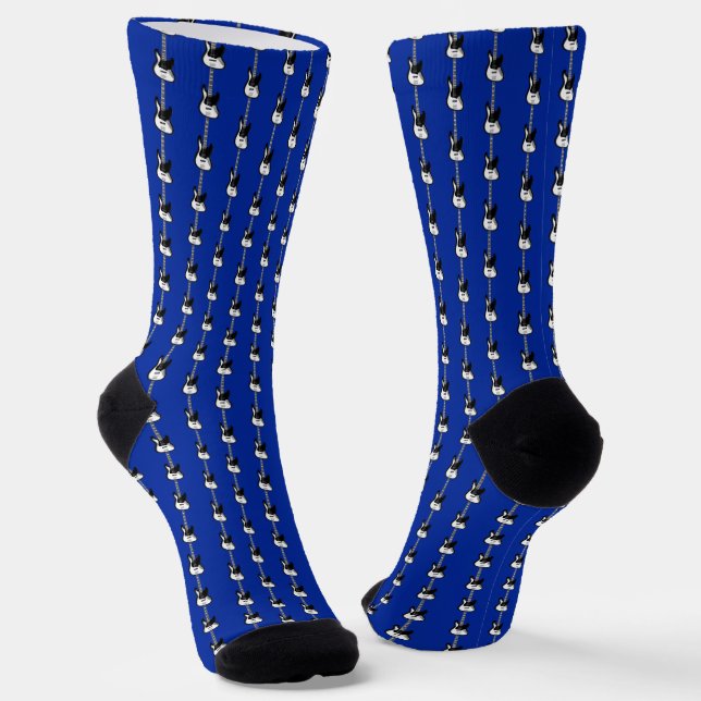 Electric Base Guitar Pattern on Blue Socks (Angled)