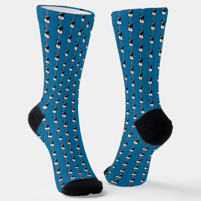 Electric Base Guitar Pattern on Ocean Blue Socks (Angled)
