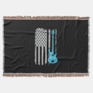 Electric Bass Guitar Player American Flag Musician Throw Blanket