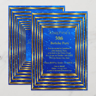 Electric Blue 50th Birthday Party Gold Invitation
