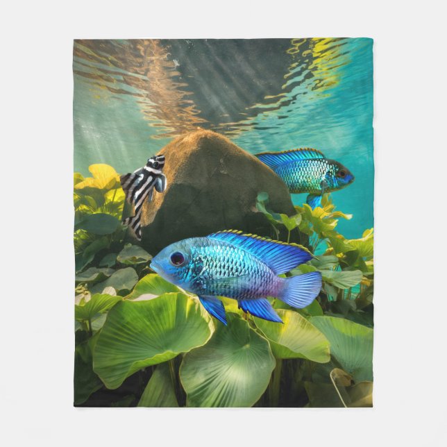 Electric Blue Acara Cichlids Zebra Pleco Fish Art Fleece Blanket (Front)