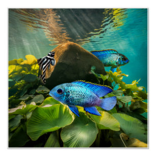 Electric Blue Acara Cichlids Zebra Pleco Fish Art Poster