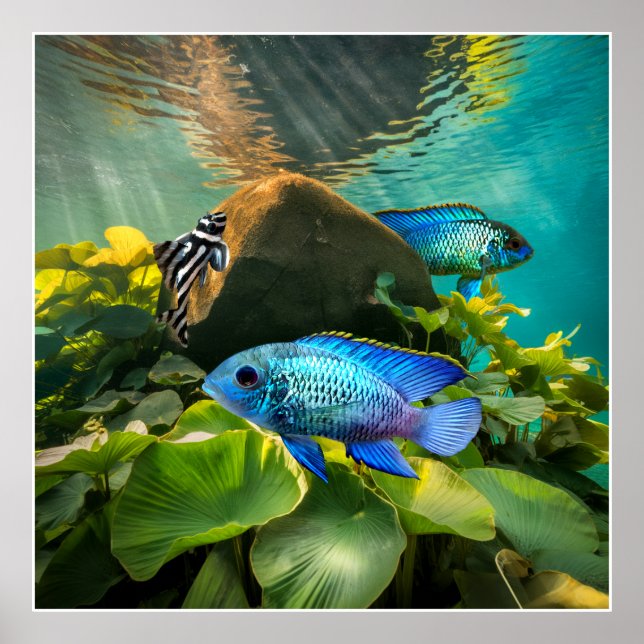 Electric Blue Acara Cichlids Zebra Pleco Fish Art Poster (Front)