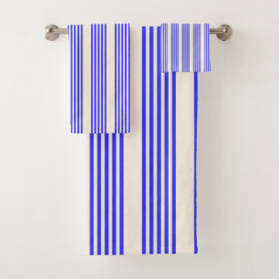 Electric blue and beige five stripe pattern bath towel set