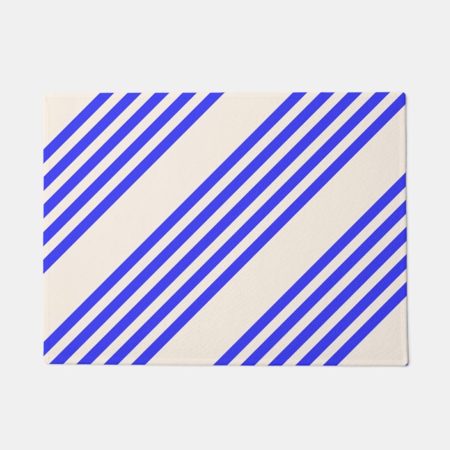 Electric blue and beige five stripe pattern doormat (Front)