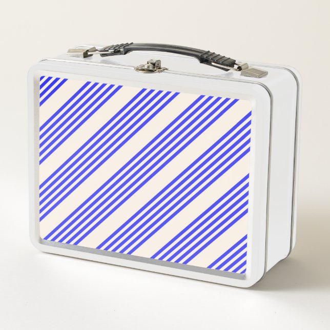 Electric blue and beige five stripe pattern metal lunch box (Front)