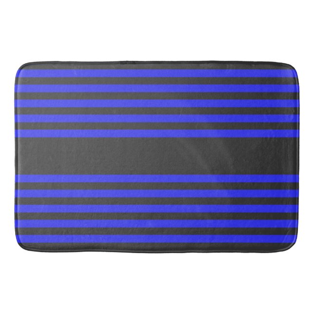 Electric blue and charcoal five stripe pattern bath mat (Front)