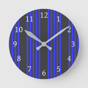 Electric blue and charcoal five stripe pattern round clock