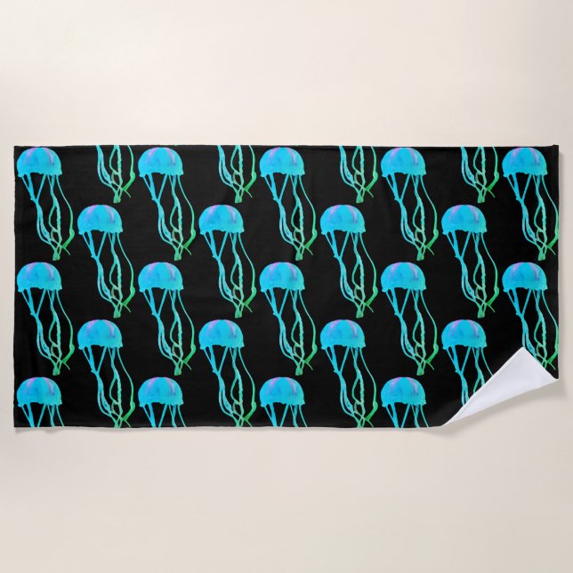 Electric Blue and Green Jellyfish Beach Towel (Front)