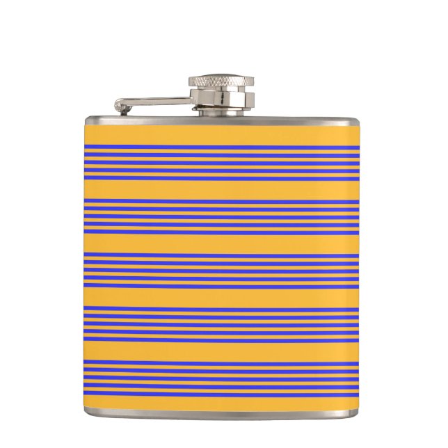 Electric blue and yellow five stripes pattern hip flask (Front)