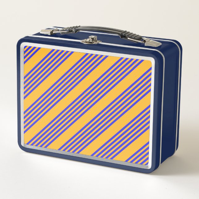 Electric blue and yellow five stripes pattern metal lunch box (Front)