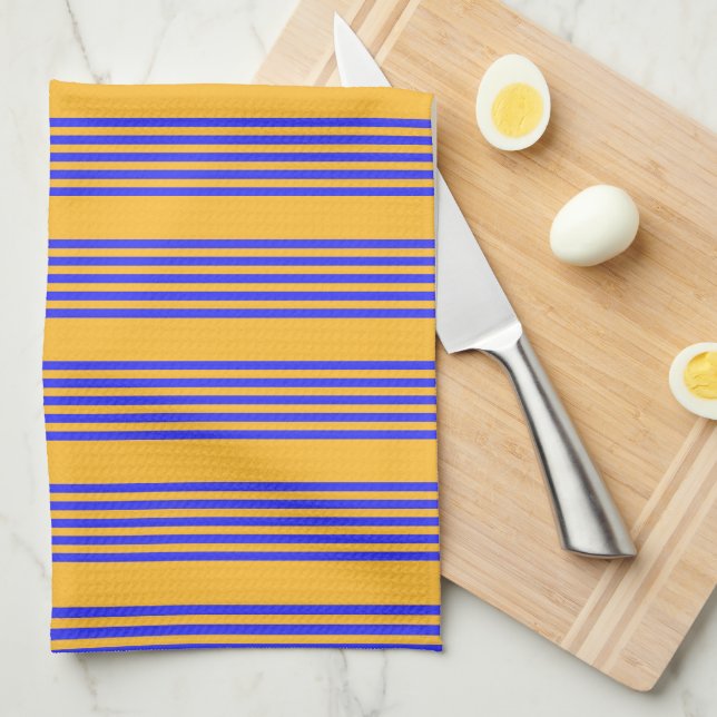 Electric blue and yellow five stripes pattern tea towel (Quarter Fold)