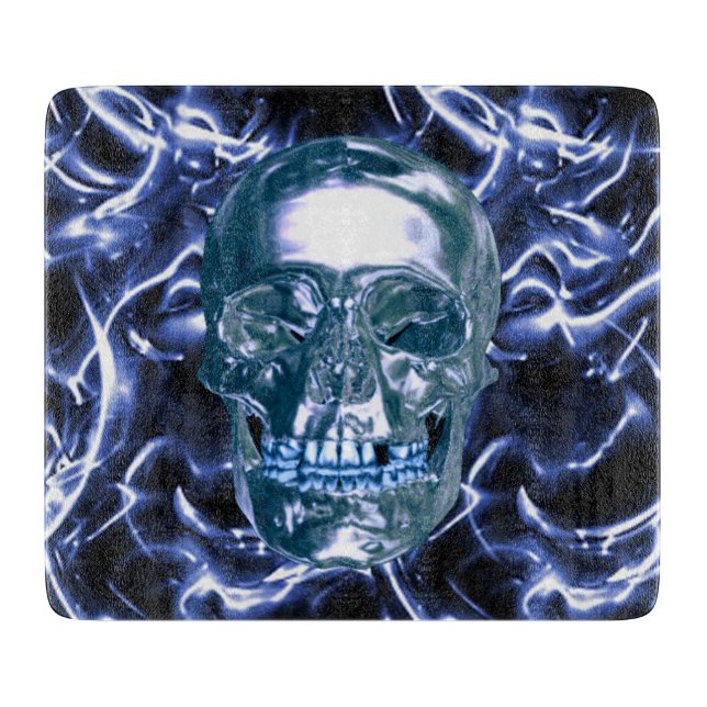 Electric Blue Chrome Skull Cutting Board (Front)