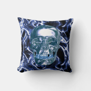 Electric Blue Chrome Skull Reversible Pillow