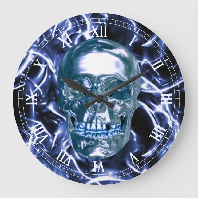 Electric Blue Chrome Skull Roman Numerals Clock (Front)