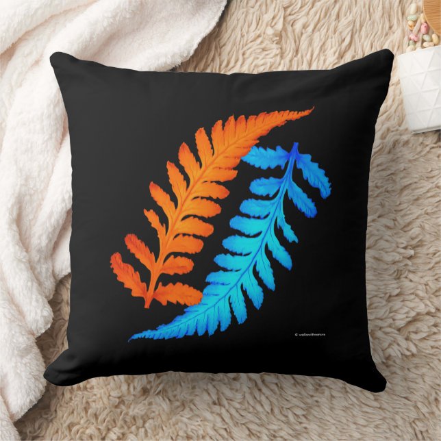 Electric Blue Fiery Orange Japanese Painted Ferns Cushion (Blanket)