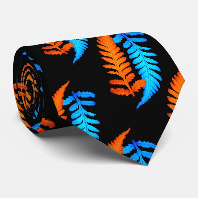 Electric Blue Fiery Orange Japanese Painted Ferns Tie (Rolled)