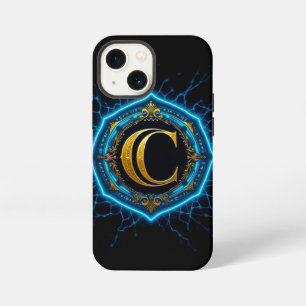 ⚡ Electric Blue Glow Gold C Monogram Luxury Neon iPhone 13 Mini Case