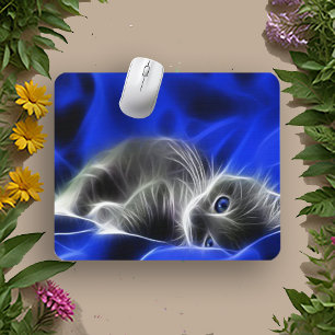 Electric Blue Glowing Cat Abstract Mouse Pad