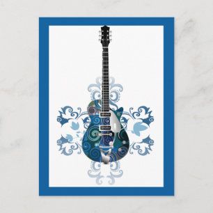 ELECTRIC BLUE GRUNGE SWIRL VECTORS GUITAR MUSIC IN POSTCARD