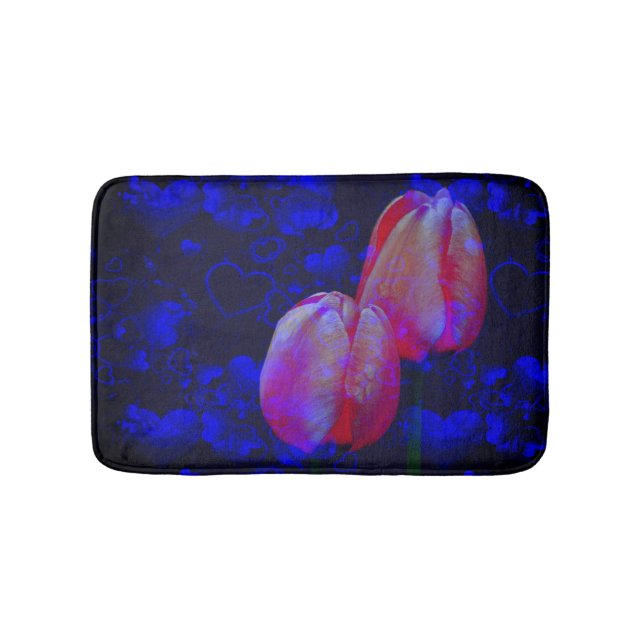 Electric Blue Hearts And Pink Tulips Floral Art Bath Mat (Front)