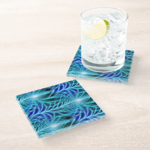 Electric Blue Luminous Fractal Repeating Pattern Glass Coaster