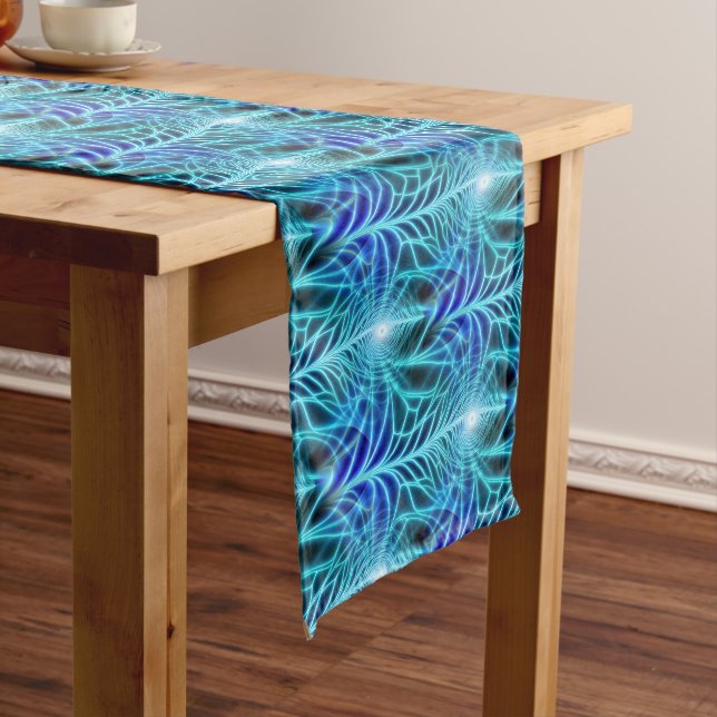 Electric Blue Luminous Fractal Repeating Pattern Short Table Runner (In Situ)