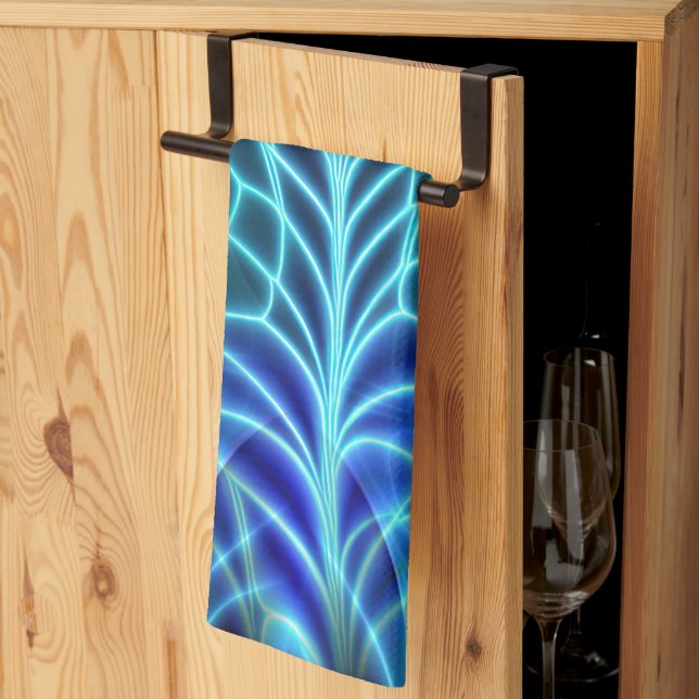 Electric Blue Luminous Fractal Repeating Pattern Tea Towel (Thirds Fold)