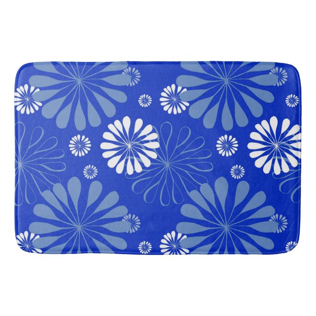 Electric Blue Modern Floral Print Bath Mat (Front)