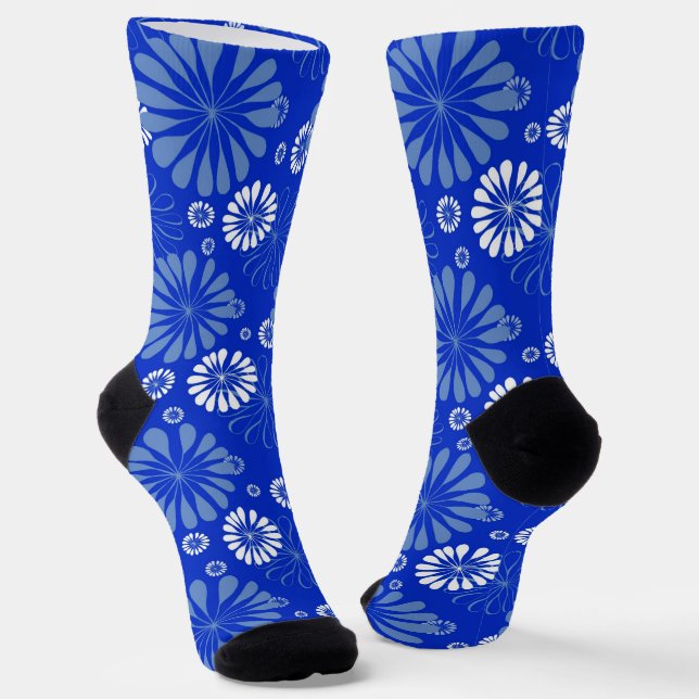 Electric Blue Modern Floral Print Socks (Angled)