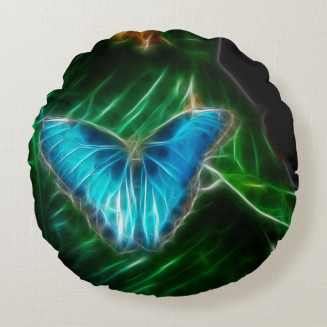 Electric Blue Morpho Butterfly Fractal Round Cushion (Front)