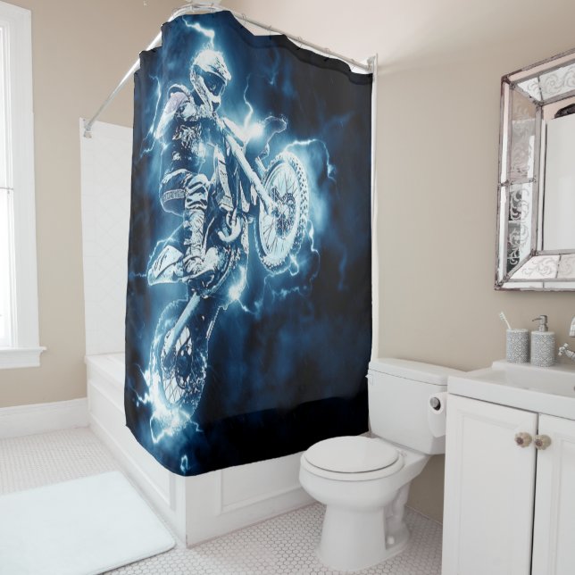 Electric Blue Motocross Rider Shower Curtain (In Situ)